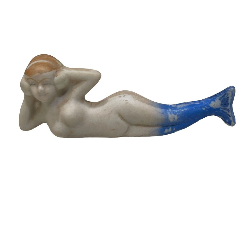 Vintage Lounging Beauty Mermaid Nude Figure Bisque Japan Blue Figurine 3.5”